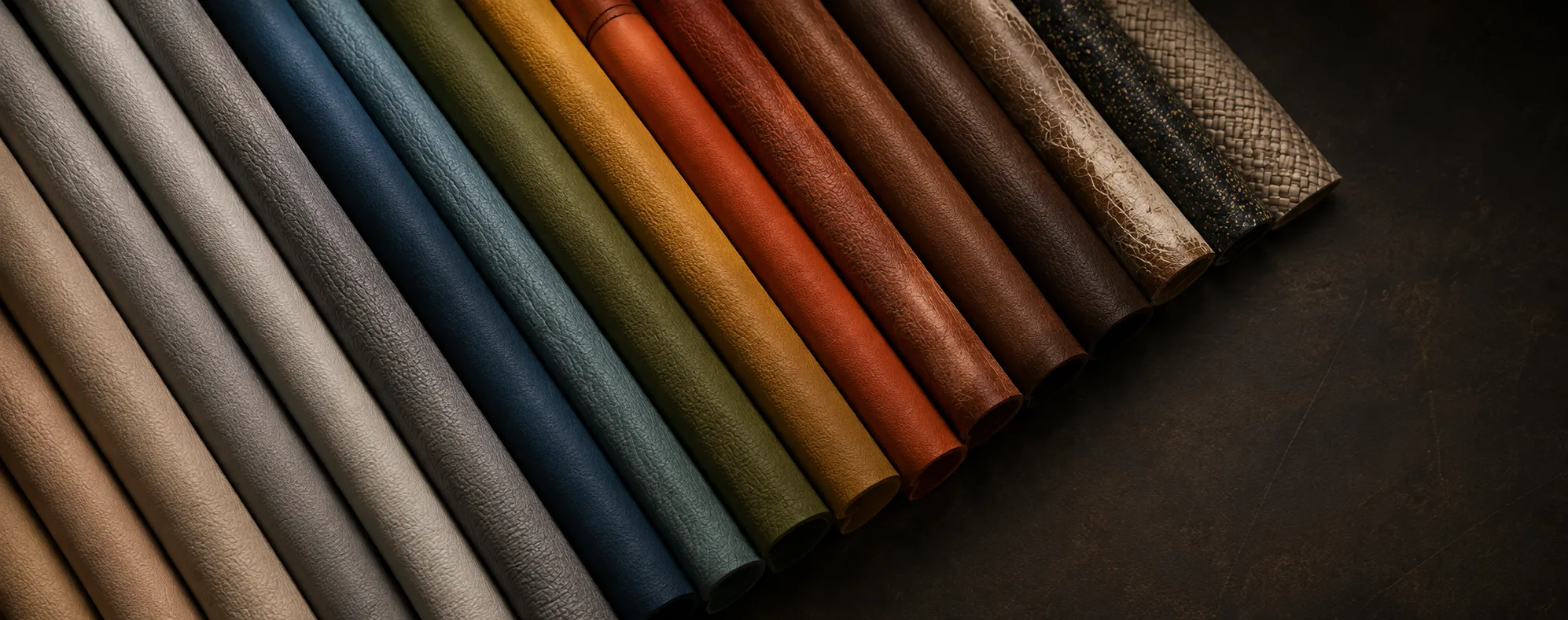 Rolls of leather, vinyl and fabric swatches