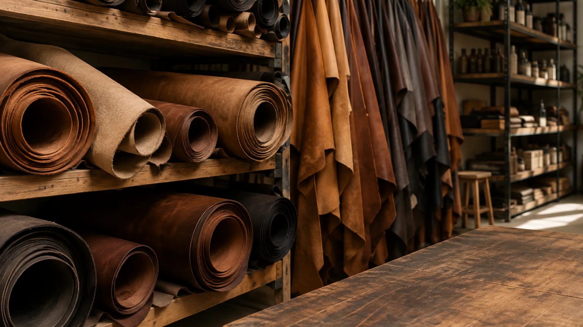 Rolls of leather and hanging hides in a supplier stockroom, where leather material matching starts