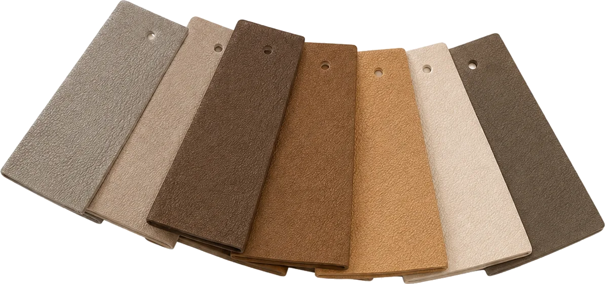 Fan of neutral upholstery swatch cards held for color matching