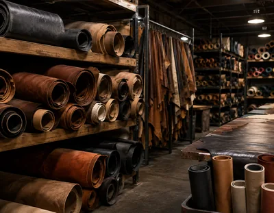 Rolls of leather and vinyl stock on warehouse shelves