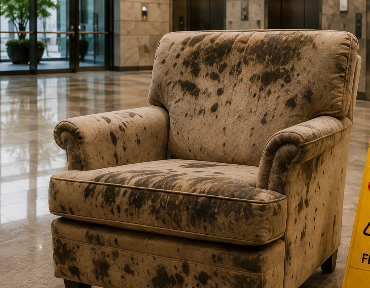 An armchair covered in mould spots in a building lobby