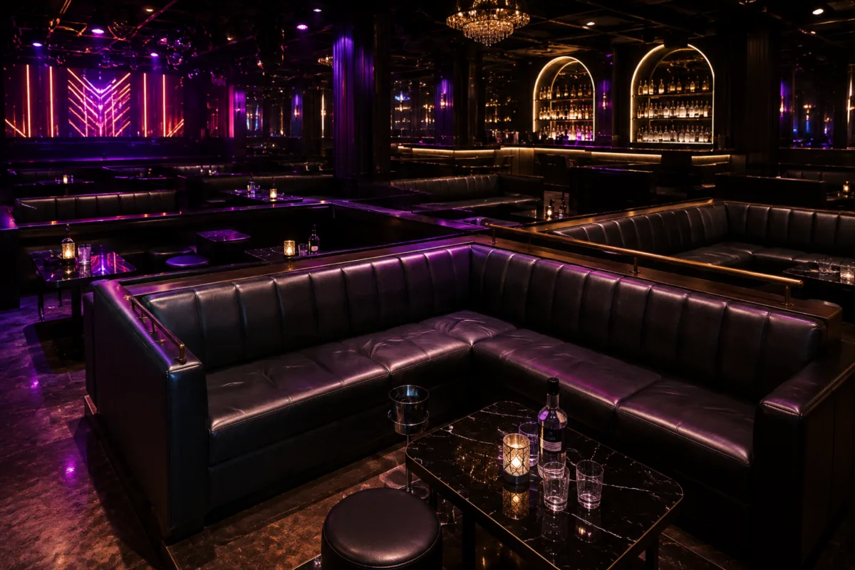 Vinyl VIP banquette seating in a nightclub lounge