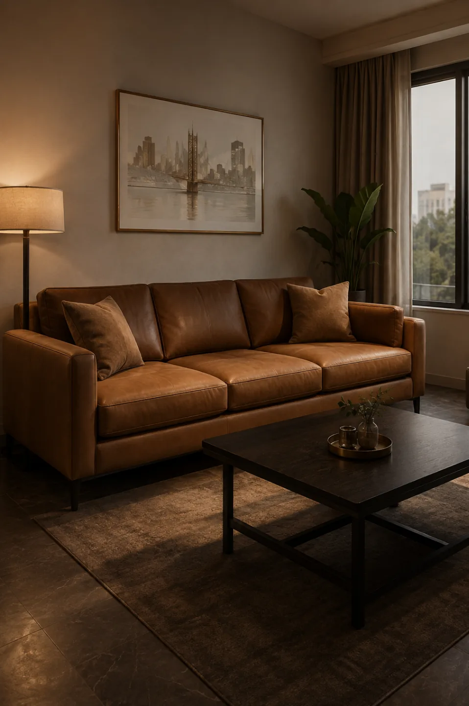 Tan leather family sofa