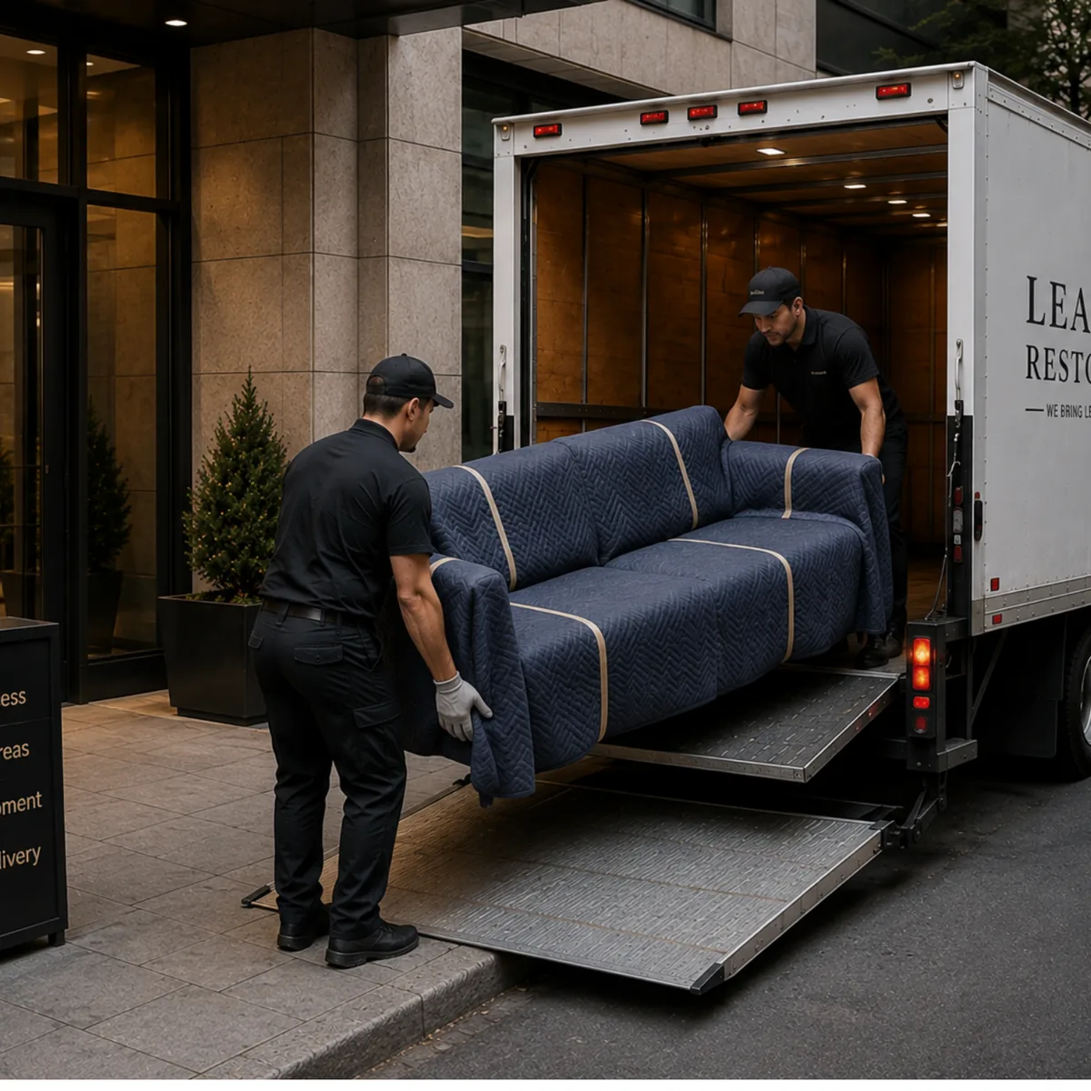 A crew loading a wrapped sofa into a van at a building