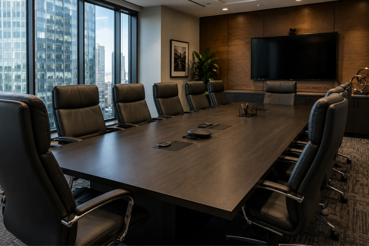 Leather boardroom chairs around a conference table