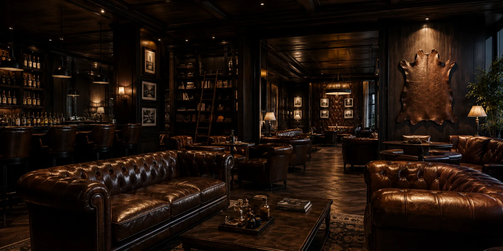 A dark hotel lounge with leather seating repaired on site