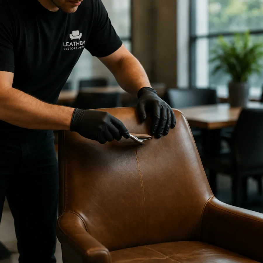 A technician in gloves working colour into the arm of a brown leather restaurant chair on site