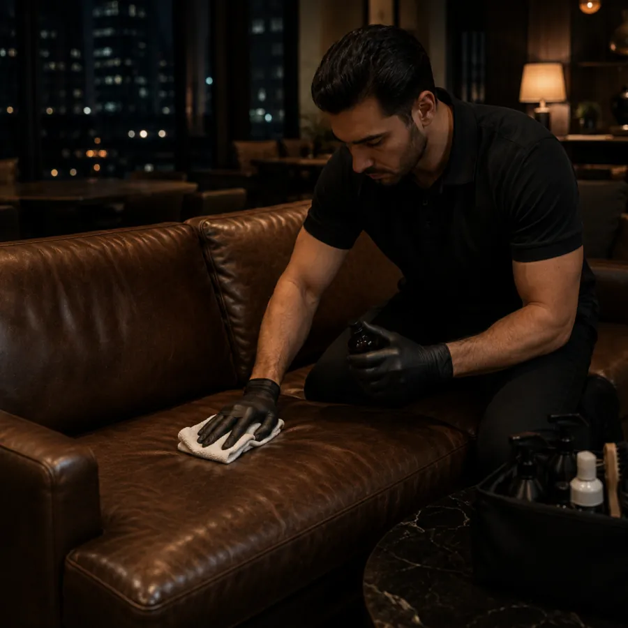 A technician in gloves working on a brown leather sofa in a hotel lobby at night