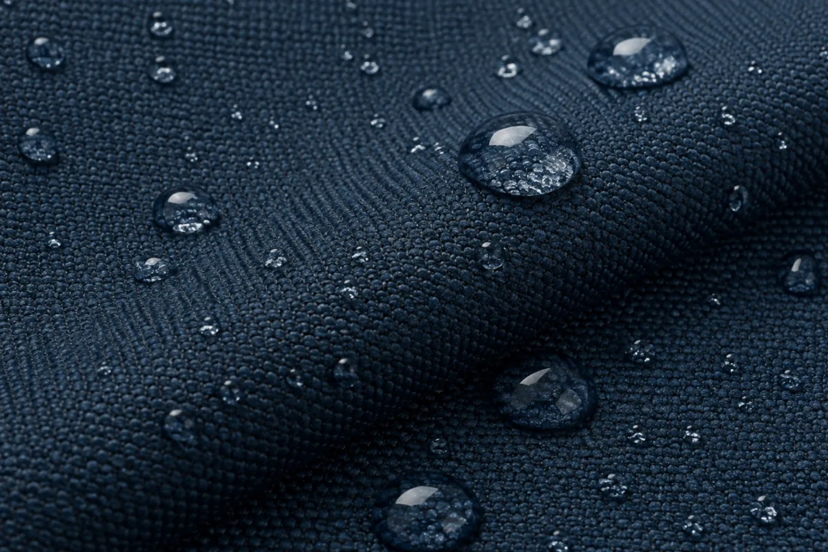 Macro shot of performance fabric with water beading on the weave