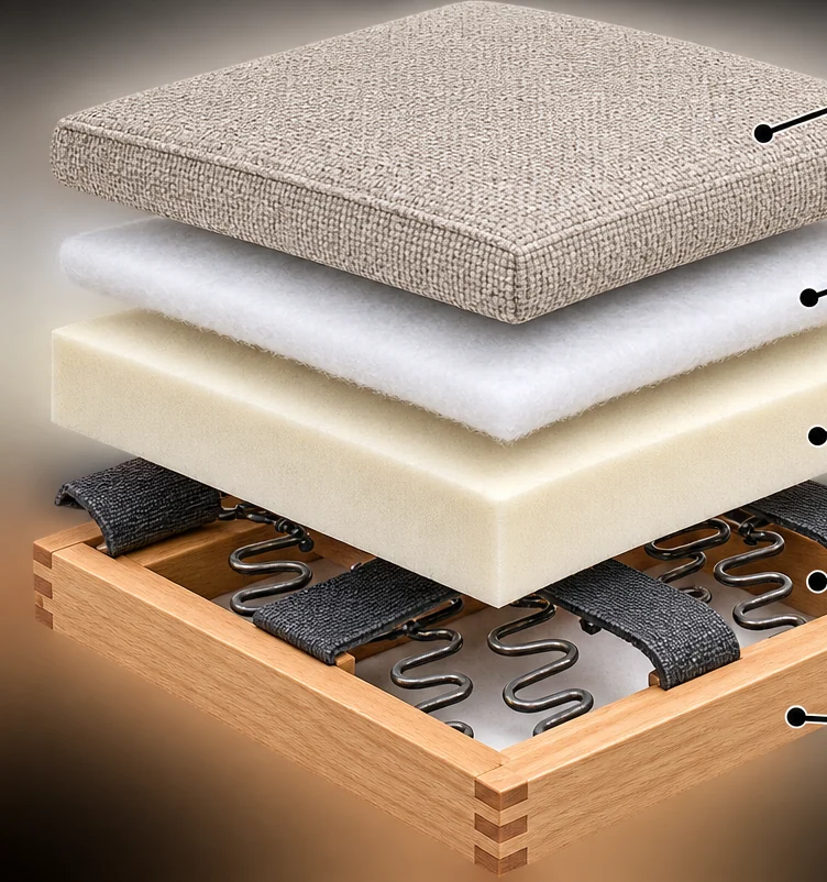 Cut-away of a seat cushion showing the foam and wadding layers under the cover