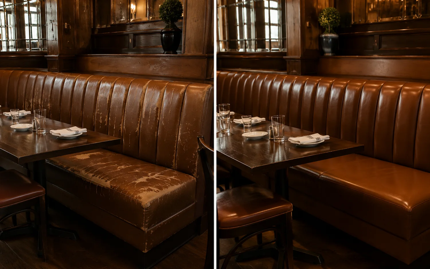 Before and after of a worn brown leather restaurant banquette bench