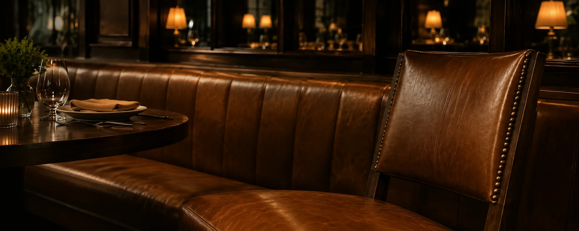 Tan leather restaurant banquette laid for service in the evening