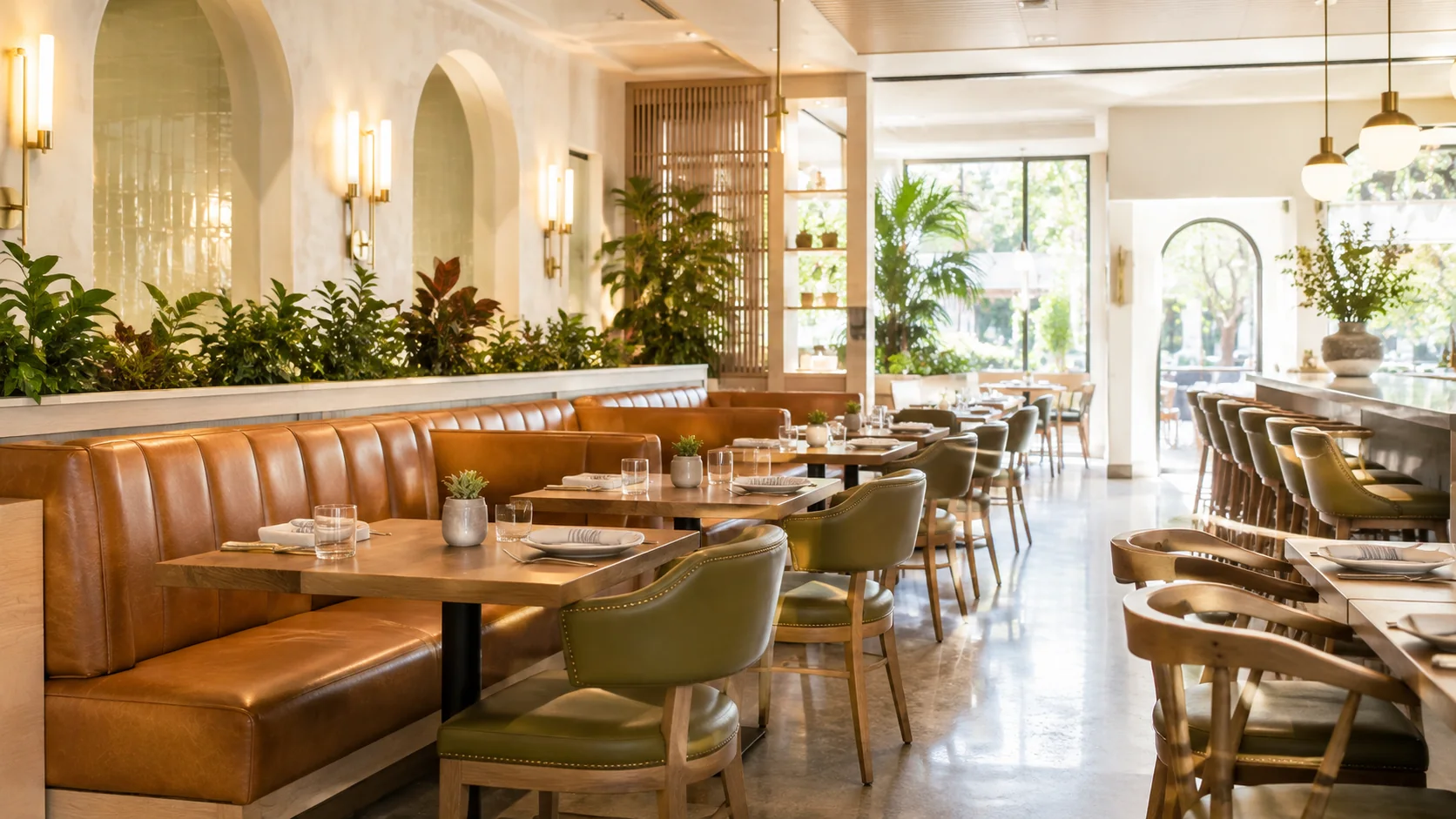 Restaurant furniture services NYC — a sunlit dining room with a leather banquette, olive upholstered chairs and bar stools