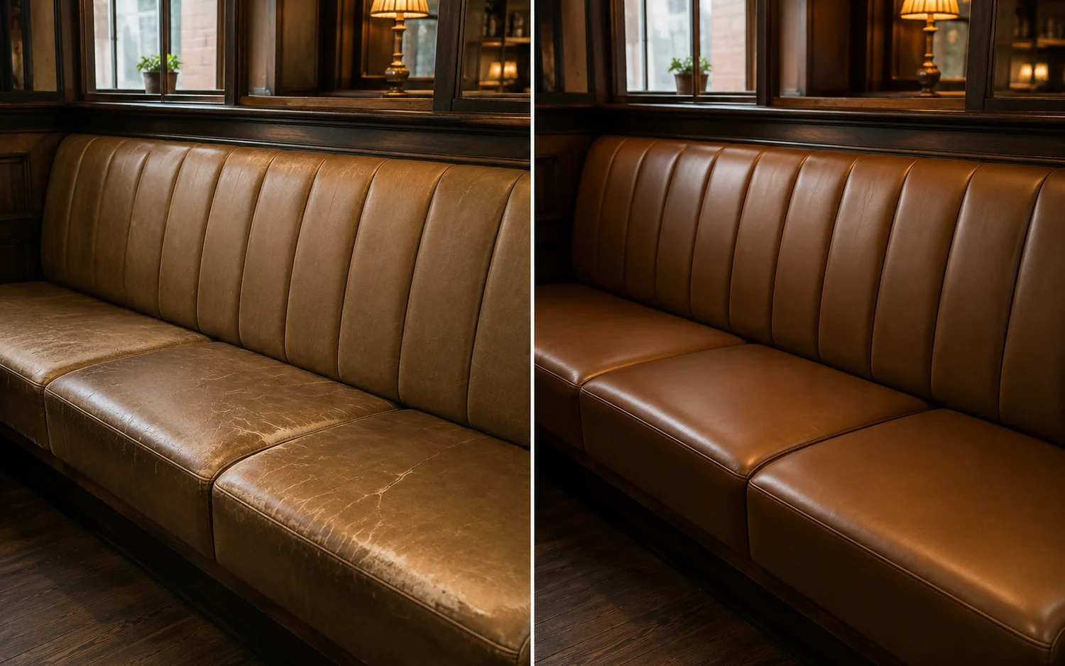 Tan leather restaurant banquette run, before and after restoration