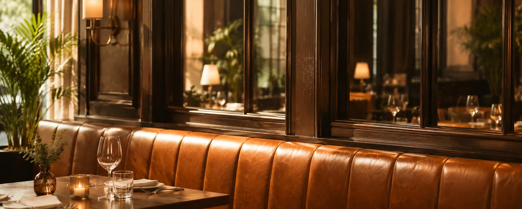 Evening restaurant banquette run in tan leather beside dark wood mirrors, set for dinner