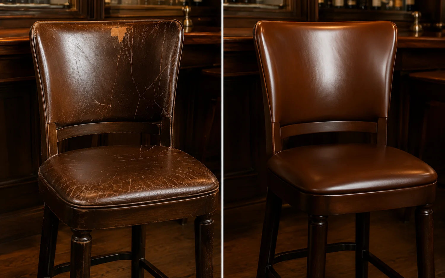 Before and after of a brown leather bar stool with a back panel, crazed then recovered