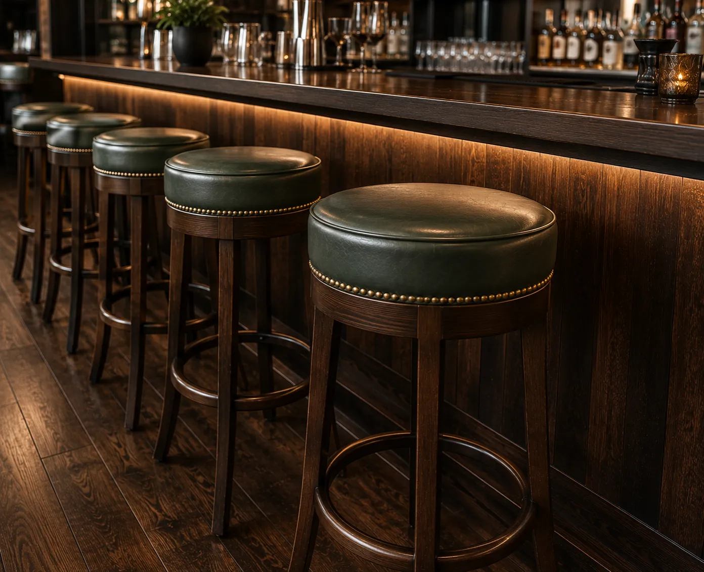 Run of dark green round leather swivel stools along a lit restaurant back bar