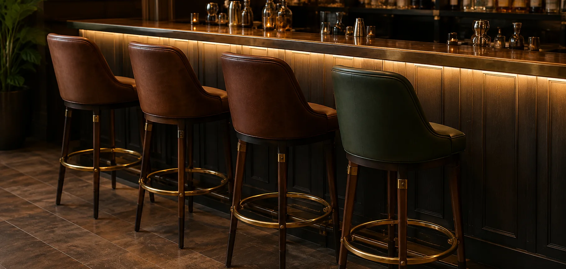 Run of leather bar stools lit by warm back-bar light, one seat reading a different color from the rest