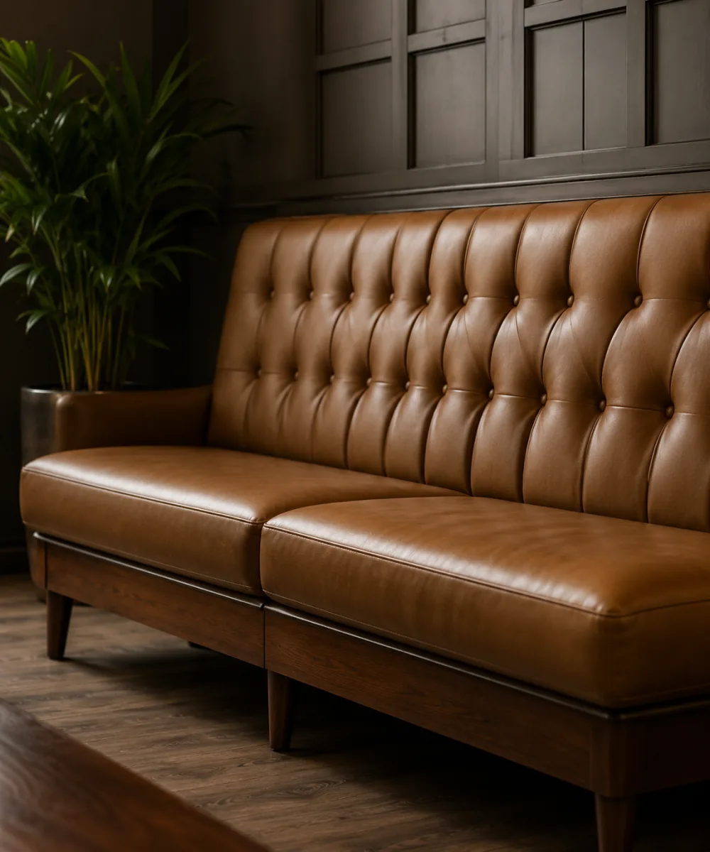 A tufted tan leather bench seat against a restaurant wall