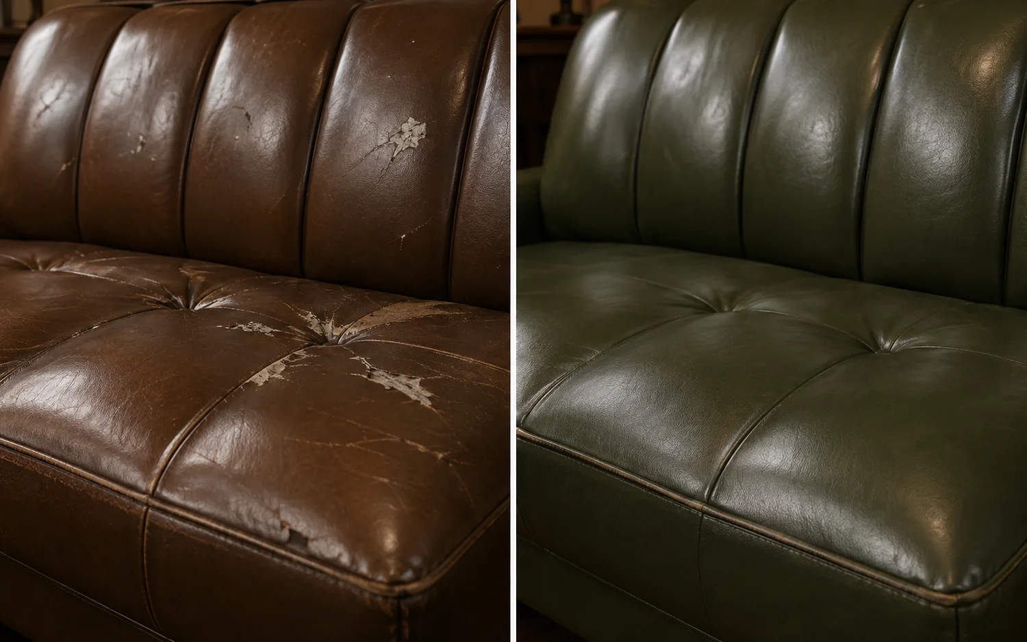 Green leather restaurant booth back, before and after restoration
