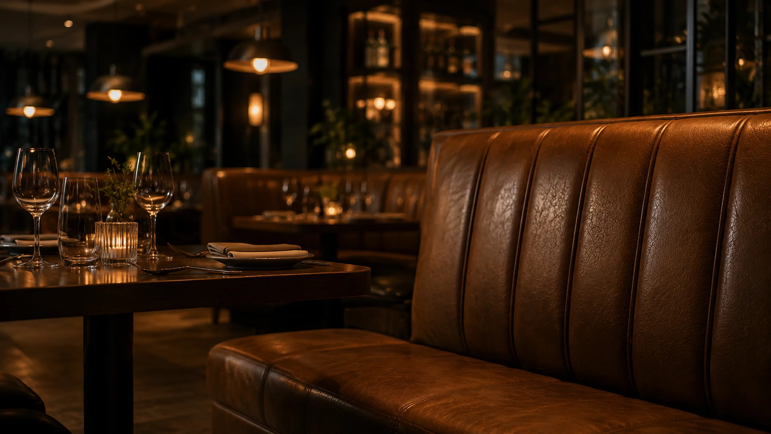 Commercial reupholstery Manhattan: tan leather channel booths in a dim restaurant