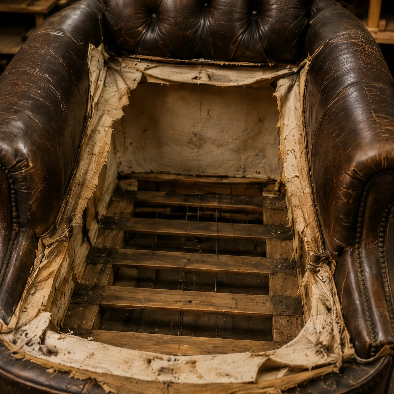 Leather chair stripped to the frame in the workshop