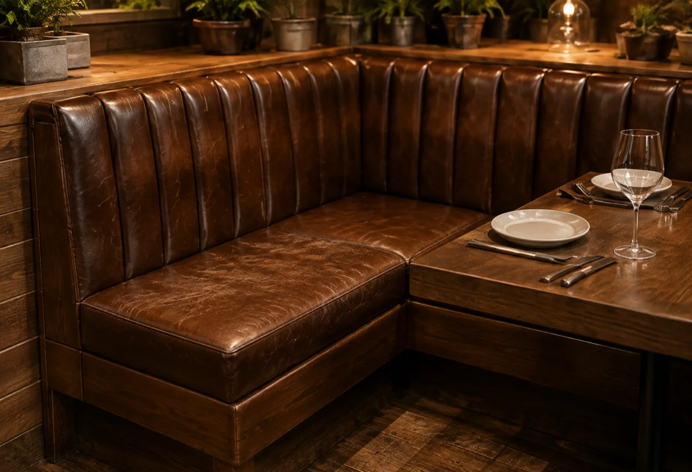 Channel tufted corner banquette meeting at an inside angle
