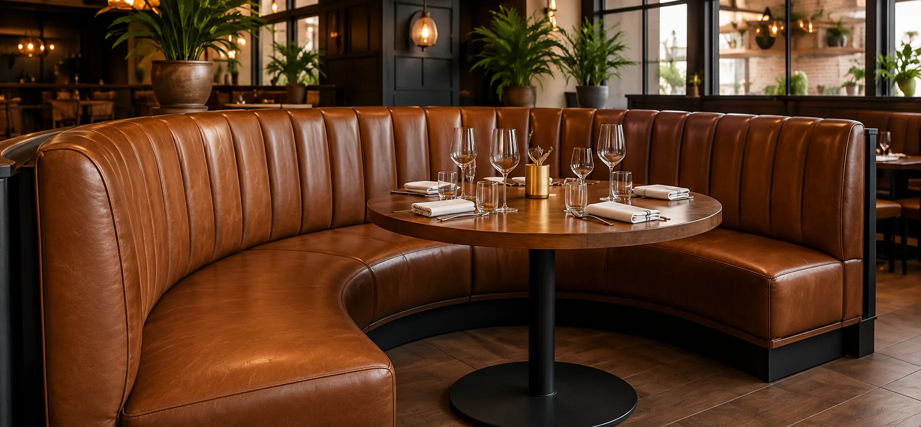 A curved tan leather booth wrapping a round restaurant table