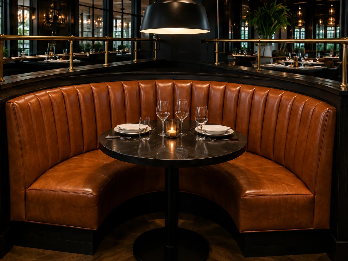 Curved tan leather booth bay wrapped around a round restaurant table