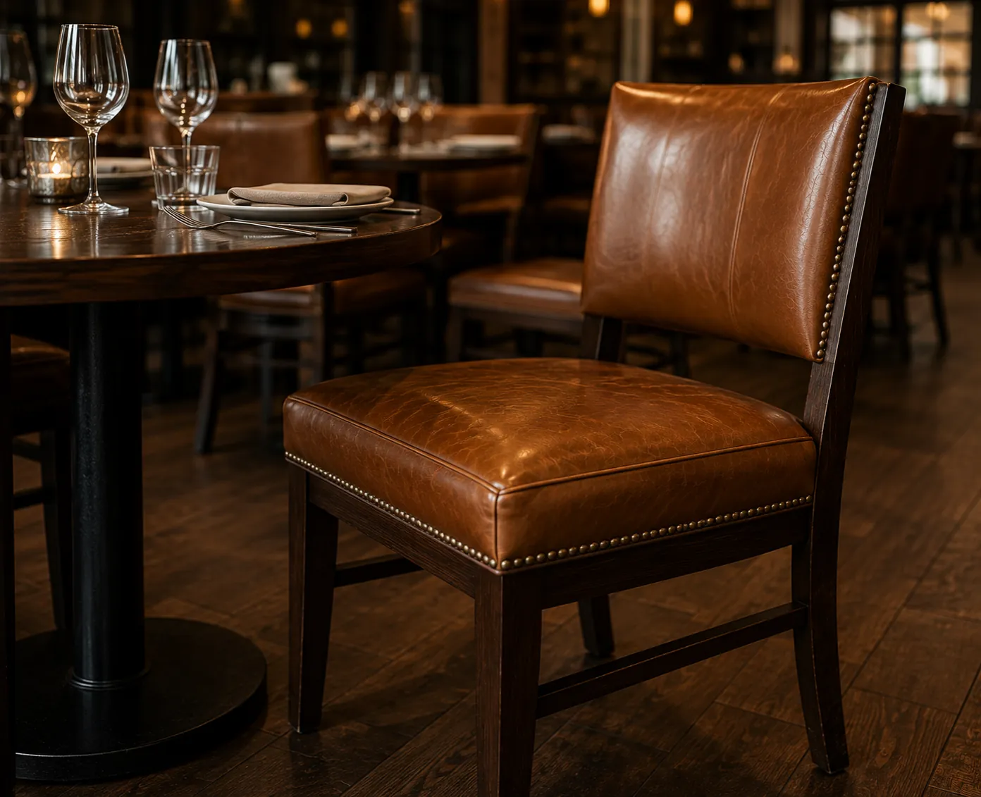 Loose tan leather dining chair with nailhead trim at a set restaurant table