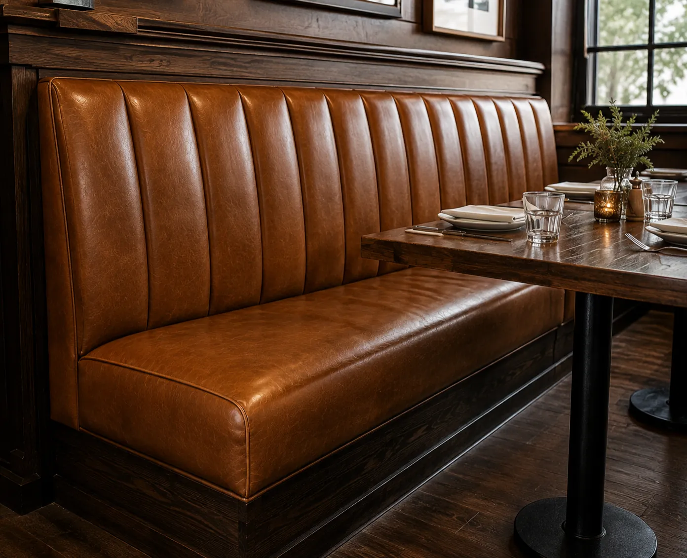 Fixed restaurant booth in tan leather with a channelled back, bolted in place beside a dining table