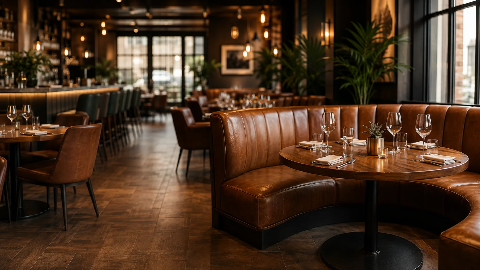 Leather booths in a restaurant dining room
