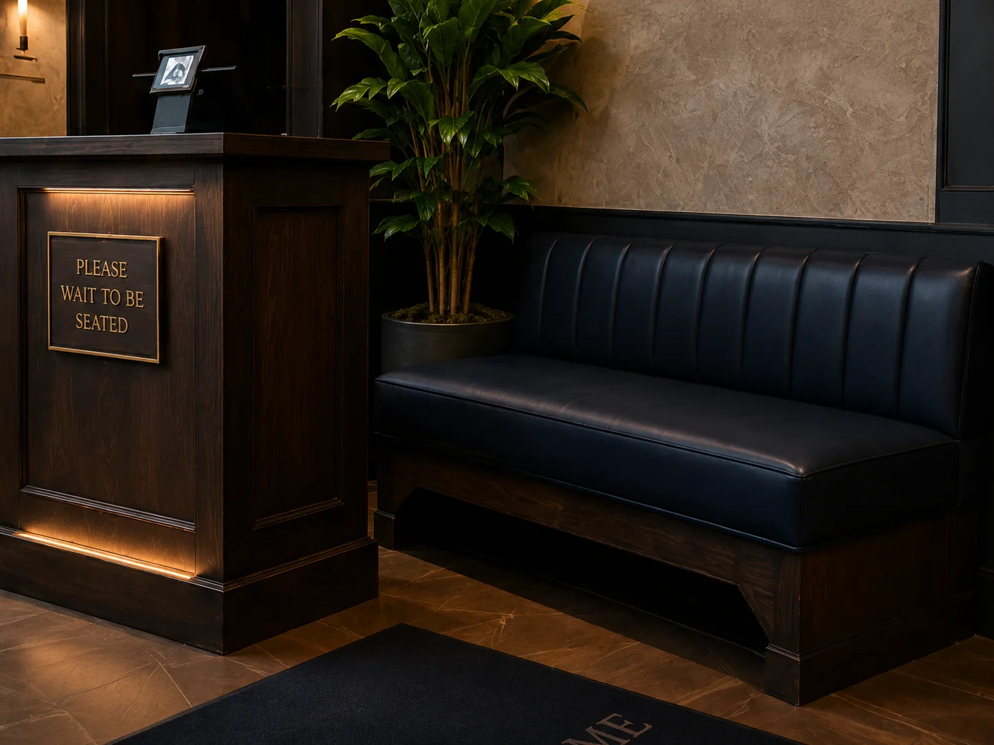 Black channelled bench beside a restaurant host stand
