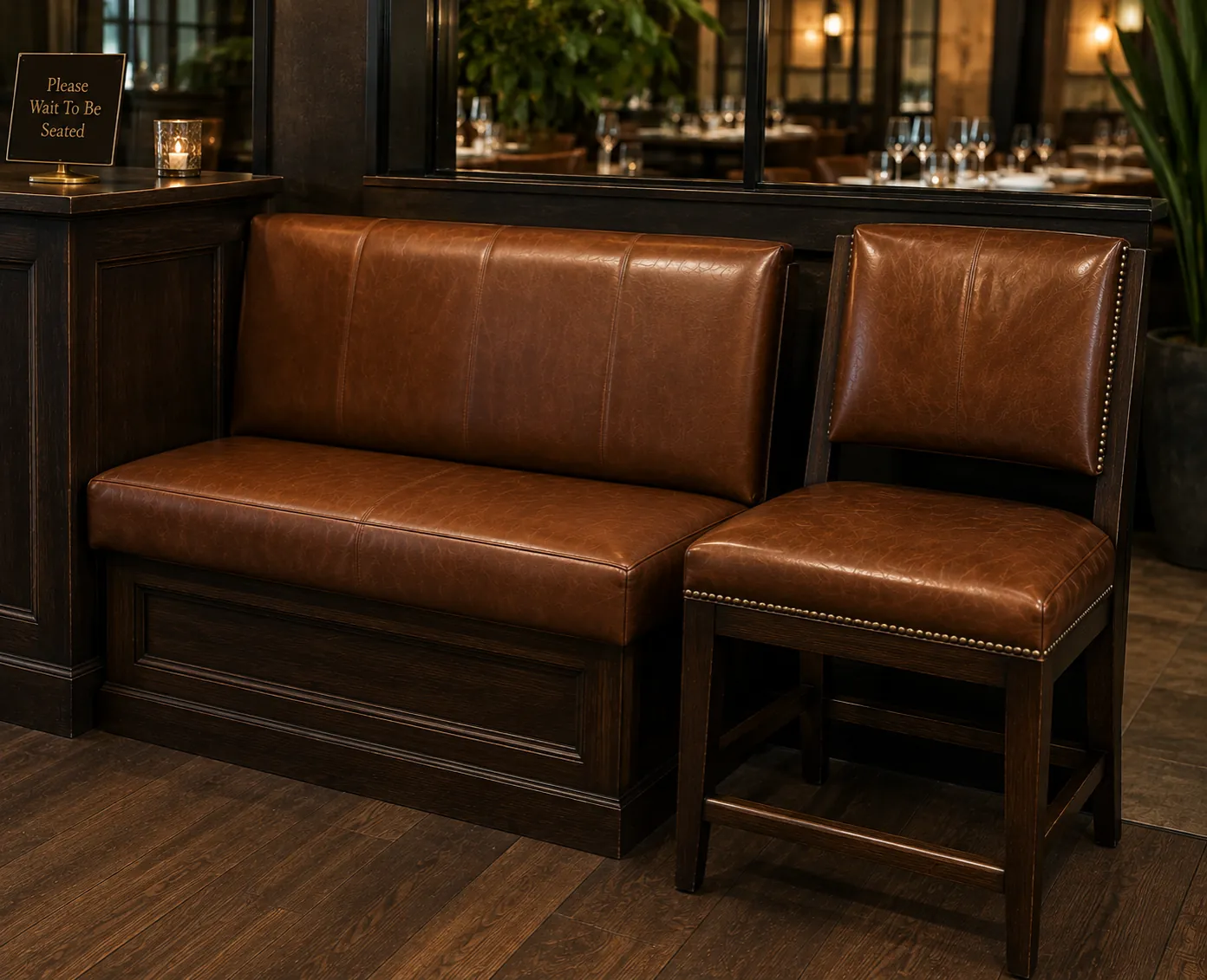 Tan leather host bench beside a please wait to be seated sign at a restaurant entrance