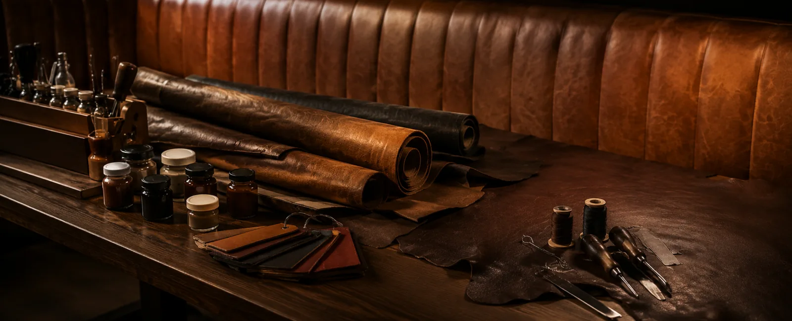 A long brown leather banquette built into a restaurant wall, with leather samples and tools on the table