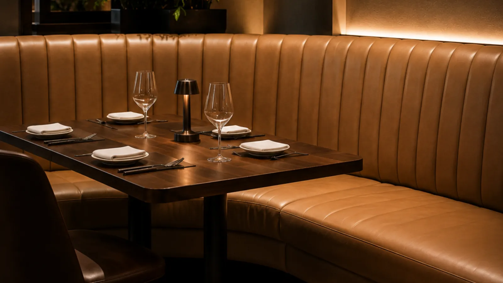 A tan leather restaurant banquette built into the wall, repaired in place