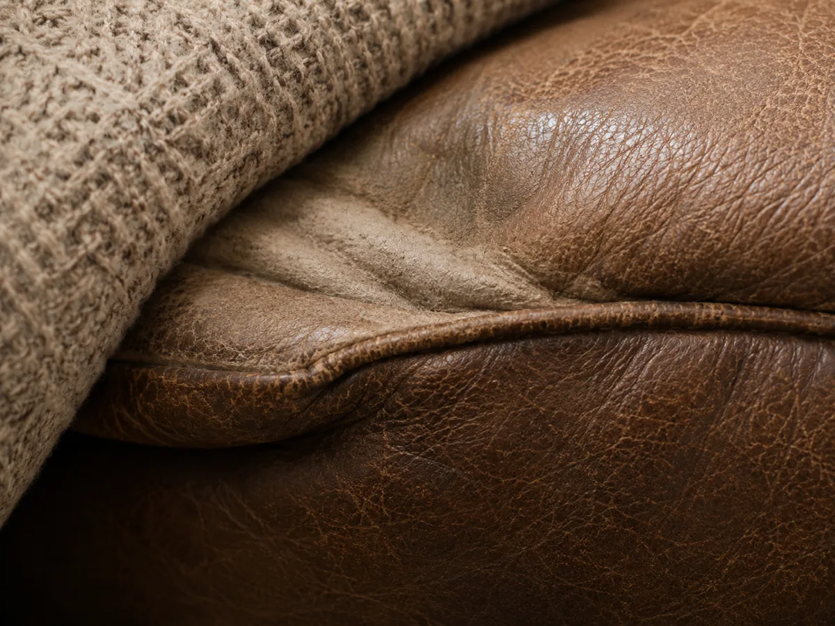 Collapsed seat foam inside an opened leather cushion cover