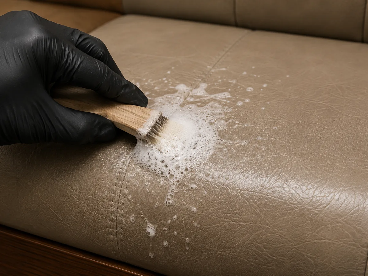 A gloved hand working cleaning foam across a taupe leather bench seat to lift grease and old finish before recoloring