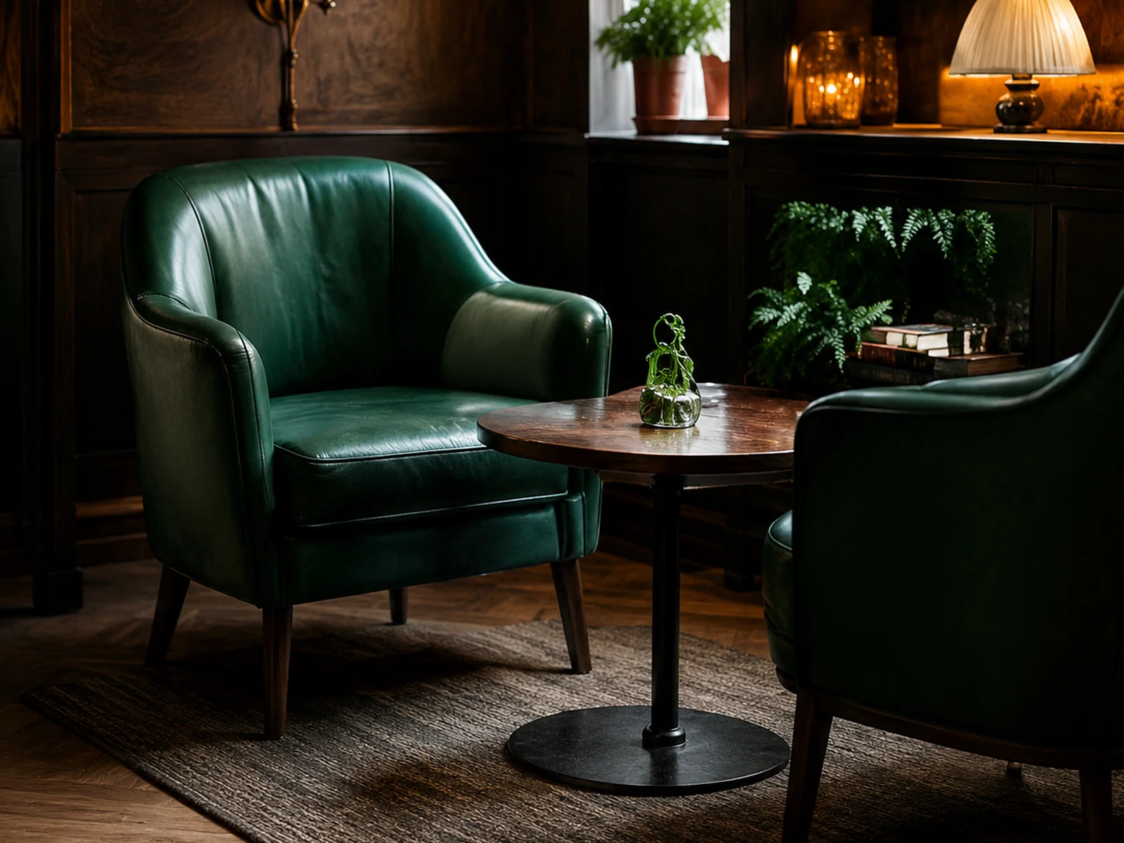 Green leather club chairs reupholstered in a restaurant lounge corner