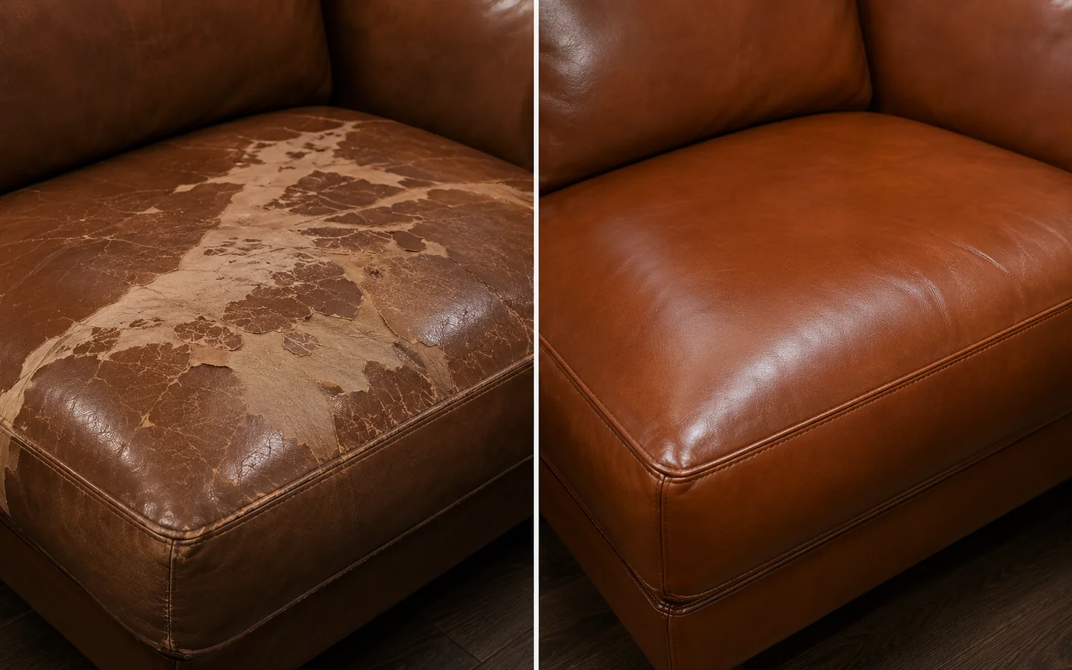 Cognac leather lounge seat in a restaurant, before and after restoration
