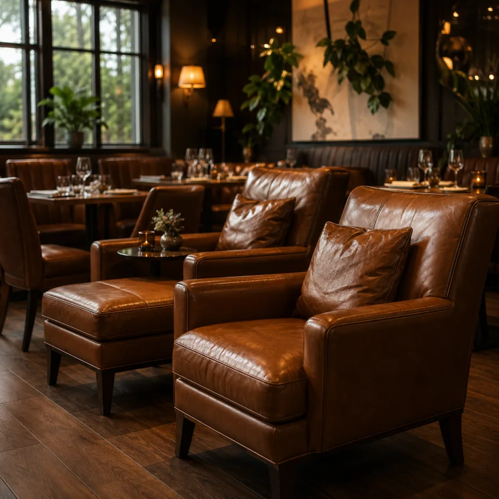 Brown leather lounge armchairs in a restaurant waiting area