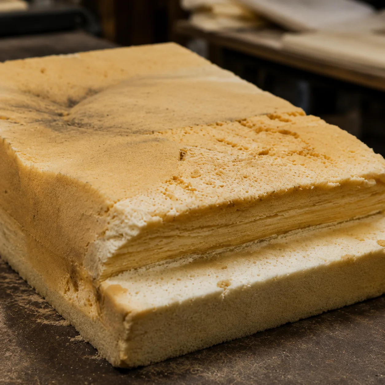 Old restaurant seat foam crumbled and collapsed into layers