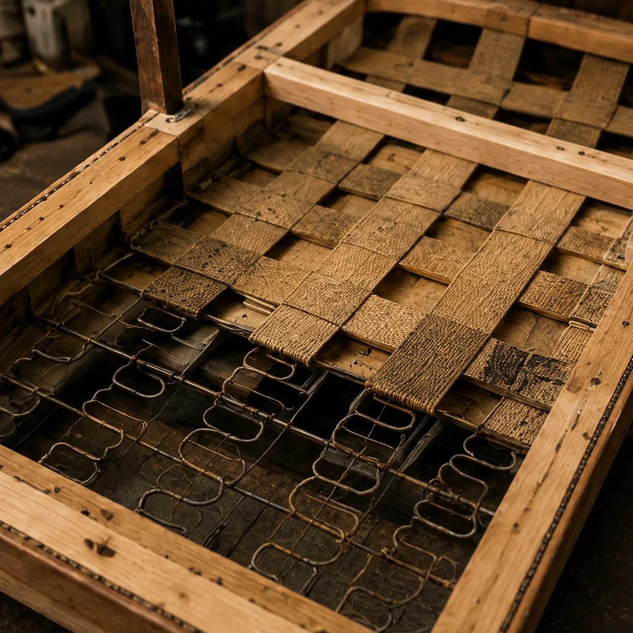Restaurant seat frame with webbing and springs exposed