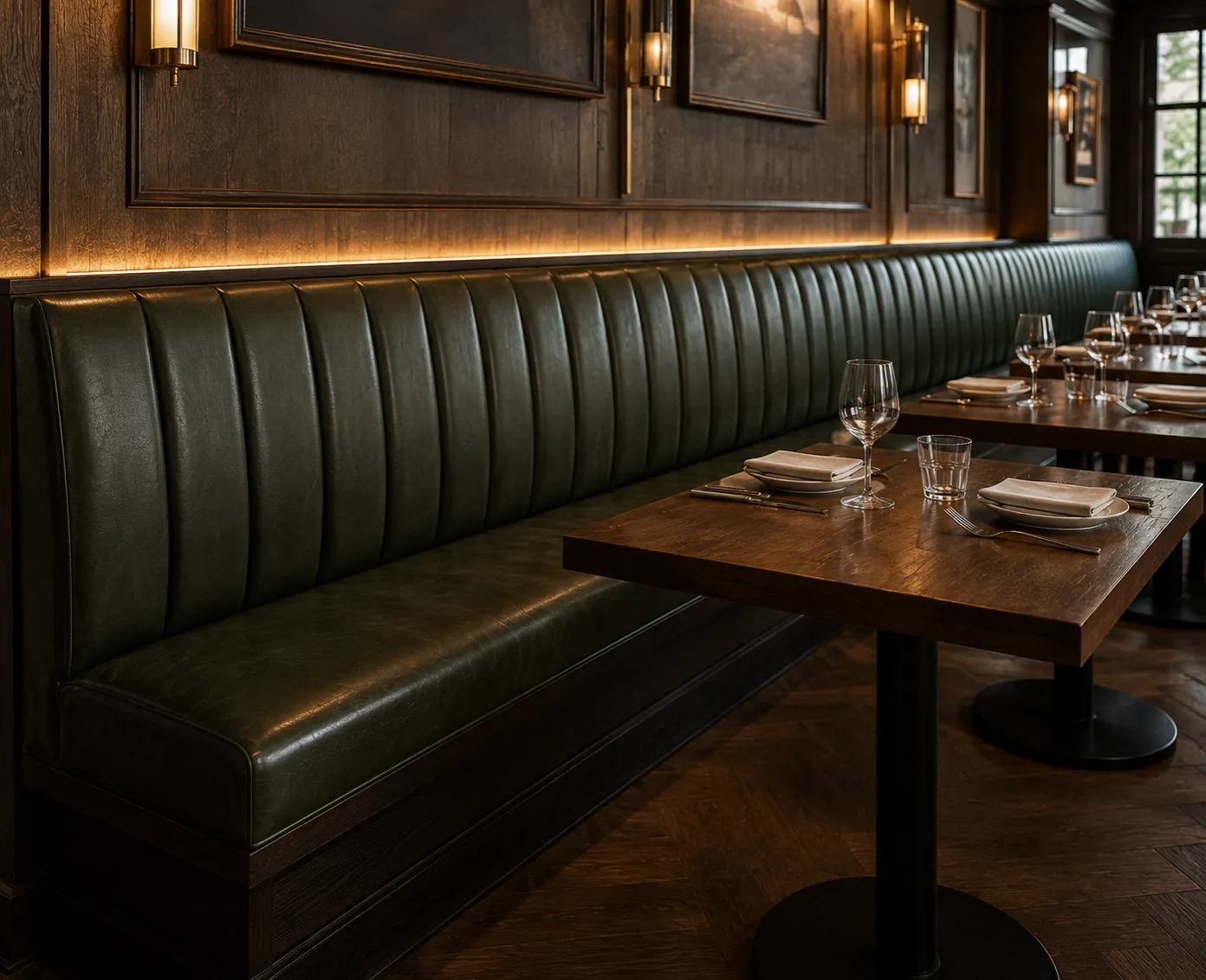Continuous wall banquette run in green leather along a panelled restaurant wall with set tables