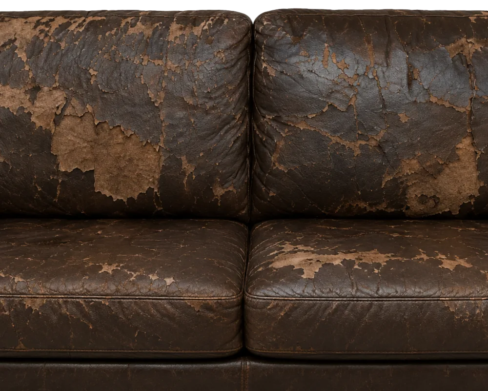 Bonded leather sofa with the surface breaking down across every cushion and back panel