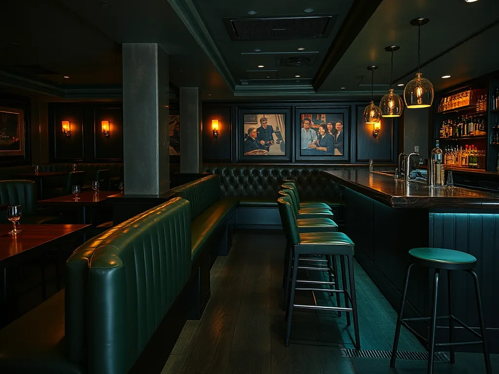 Bar room with stools at the counter and banquette seating behind them