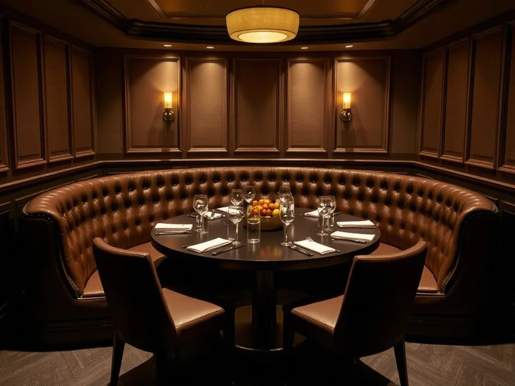 Private dining room with a curved banquette around a round table