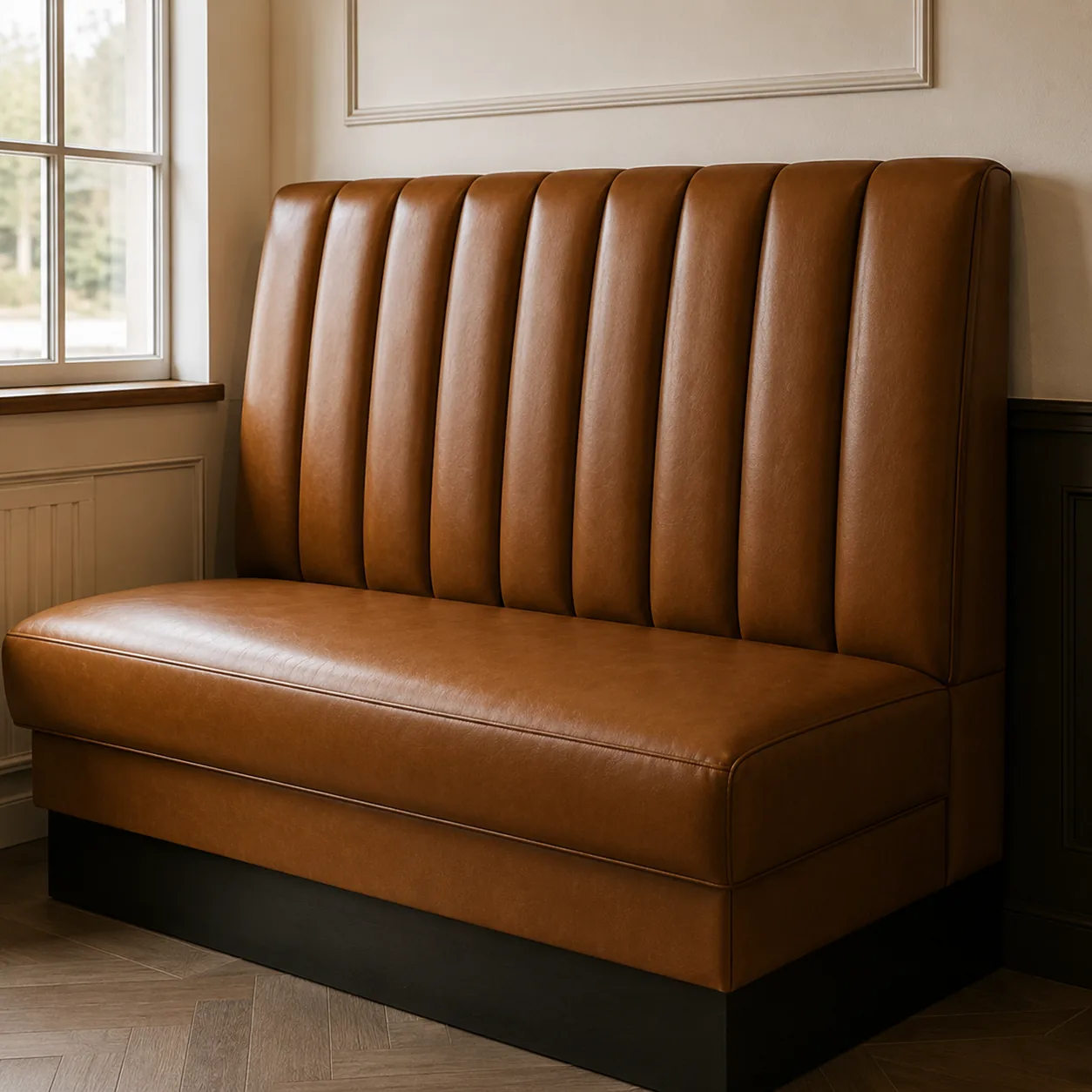 Single banquette bay upholstered in tan leather against a panelled wall