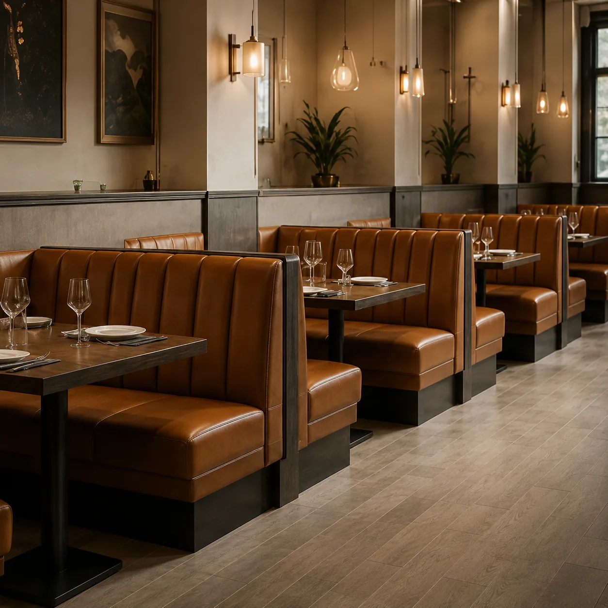 Straight run of tan leather banquette bays in a restaurant dining room