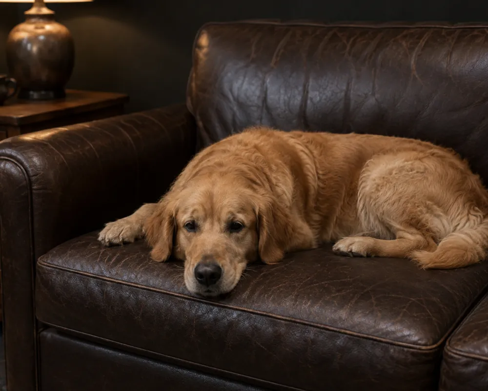 Dog resting on a dark leather sofa